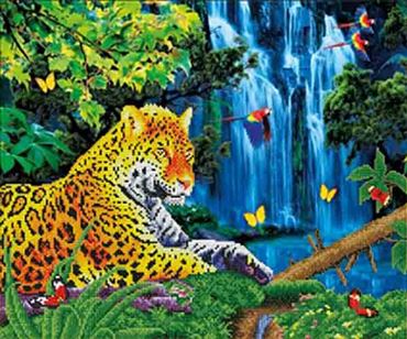 Алмазная мозаика Яркий леопард у водопада 50*60см.без подр.,с част. заполнением ASJ006